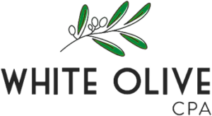 The logo for white olive cpa has a branch of olives on it.